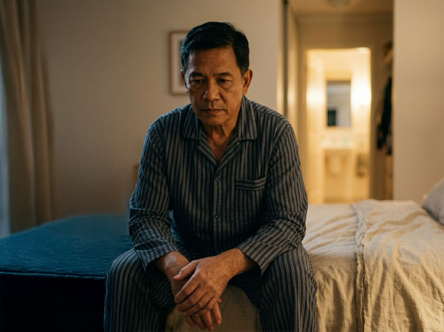 Older man sitting on the edge of a bed at night, unable to sleep