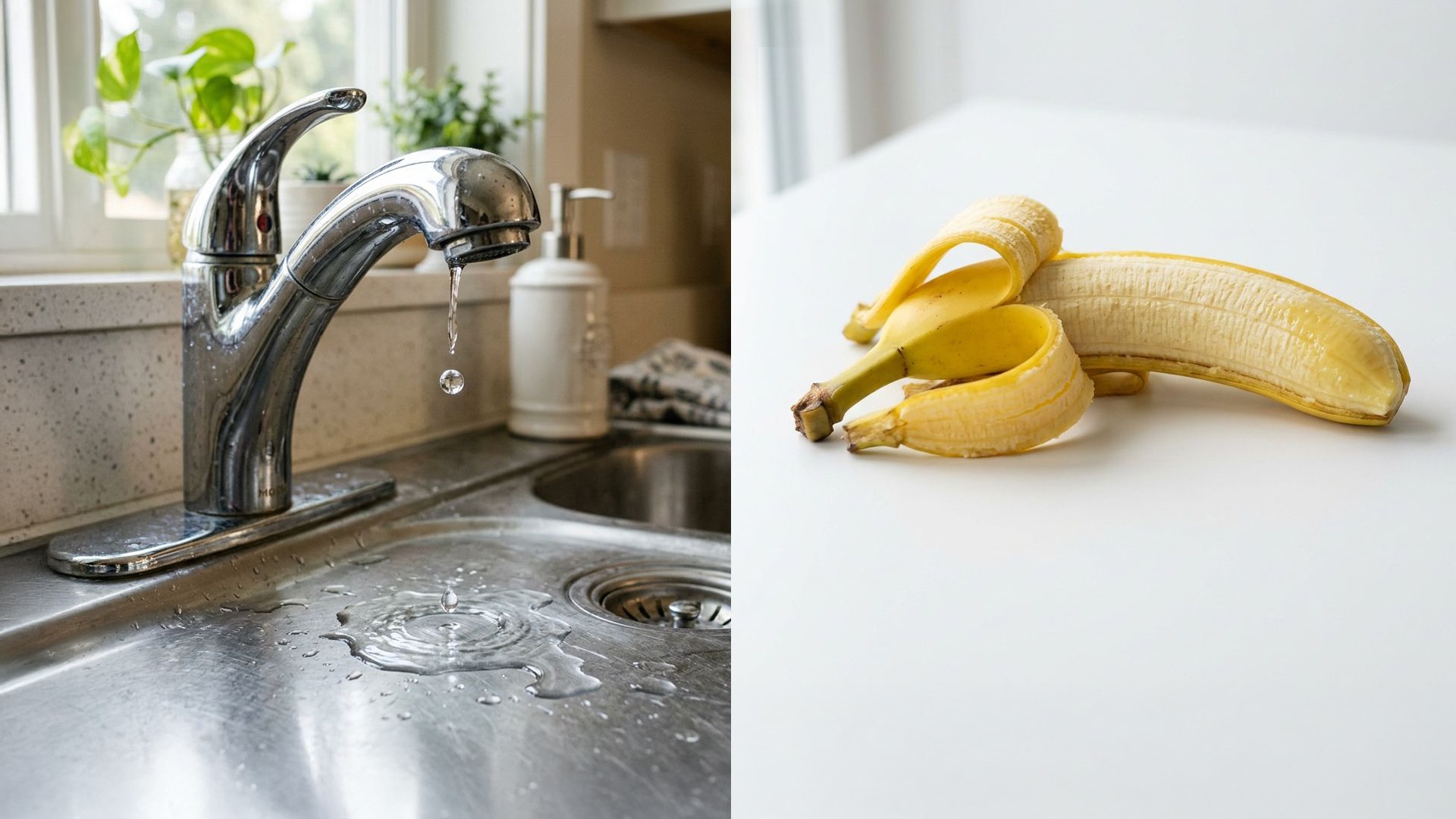 Dripping kitchen faucet beside a half-peeled banana
