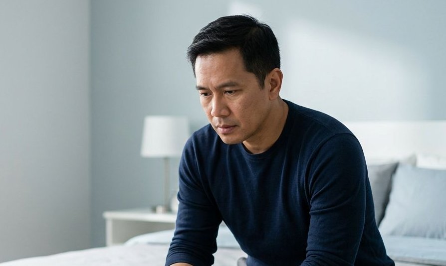 Man sitting on the edge of a bed looking pensive